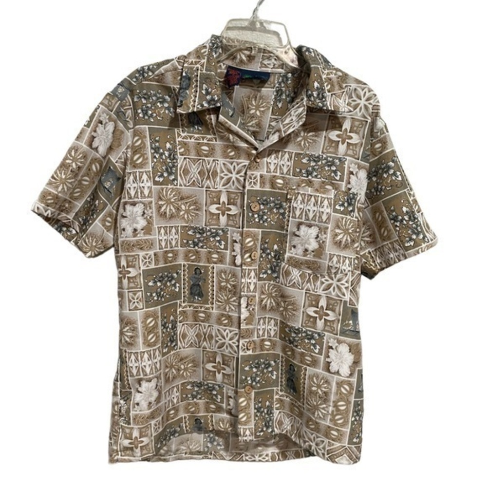 ROUNDY BAY Men’s tan floral vintage Hawaiian casual button down shirt size M